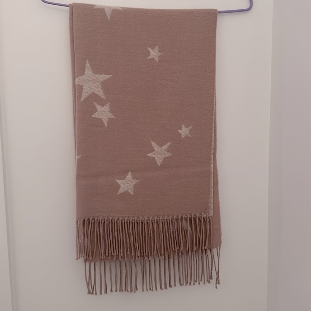 Pink Off White Stars Wool Oversized Soft Scarf with Fringes Winter/Spring Season